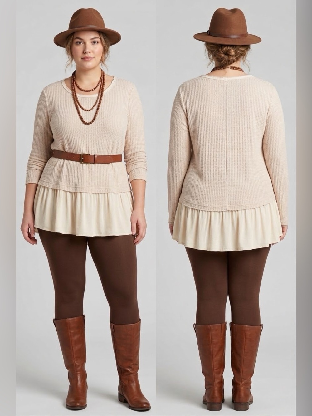 Kori America Beige Waffle Knit Ruffle Hem Tunic Top L